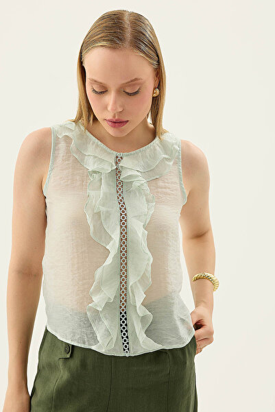 Vitrin Zero Sleeve Blouse with Ruffle and Guipure Detail