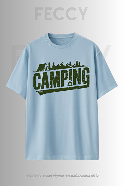 FECCY Tricou unisex supradimensionat cu imprimeu Camping Premium, tematică Hu...