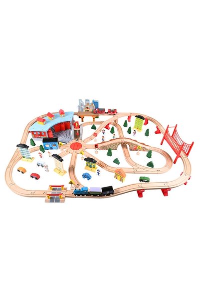 GIMASE , Mega Set Circuit Trenulet din Lemn, 118 Piese, Locomotiva Electrica,...
