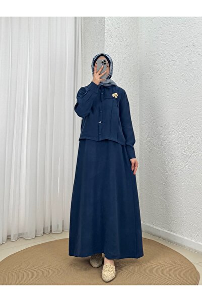 MİHRA STORE Φόρεμα διπλό με πουκάμισο με κουμπώματα Aycan-MF1802.1 Ναυτικό μπλε