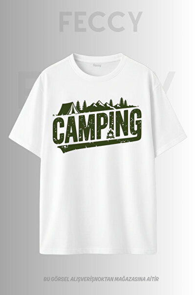 FECCY Tricou unisex supradimensionat cu imprimeu Camping Premium, tematică Hu...