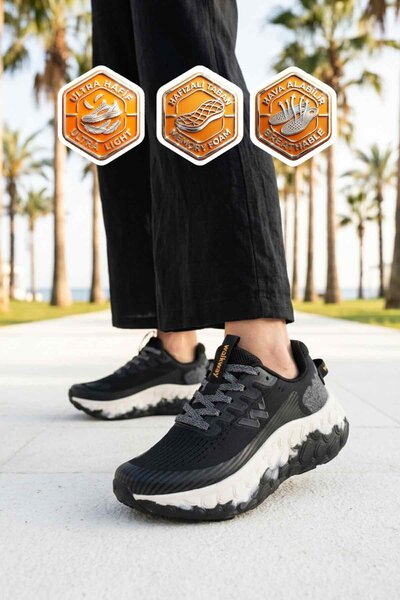 WALKWAY Μαύρο και λευκό διχτυωτό ελαφρύ, εύκαμπτο πάτο με μνήμη, αθλητικά παπ...