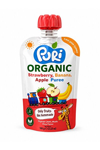 puri Organic %100 Organik Meyve Püresi Çilek Muz Elma 100g (İlave Şekersiz)