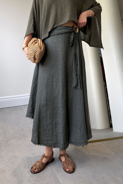 MAGARDE Ειδική Εισαγόμενη Σειρά Φούστα με Ελαστική Μέση 100% Λινό - ΧΑΚΙ