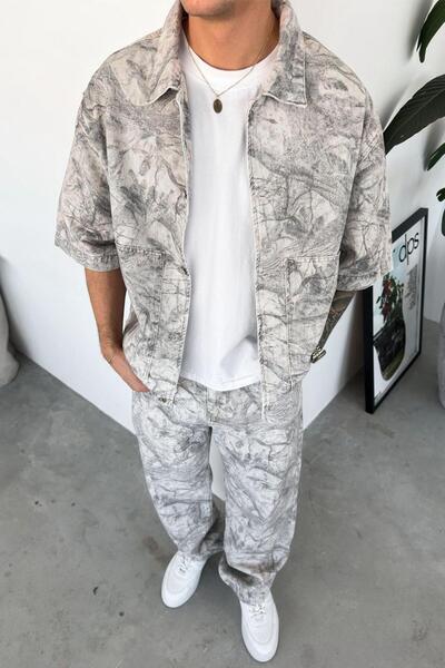 HAFKAGİYİM Γκρι Premium Τζιν Μπουφάν με Στάμπα και Φαρδιά Γραμμή