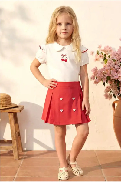 punicha Girl's Printed Detailed Doll Collar Skirt Set