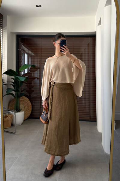 MAGARDE Ειδική Εισαγόμενη Σειρά Φούστα με Ελαστική Μέση 100% Λινό - CAMEL