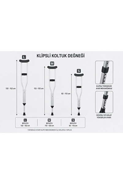 MYLİFE ORTOPEDİ ÇİFT KOLTUK DEĞNEĞİ KLİPSLİ BOYU AYARLANABİLİR MEDİUM 112-132 CM