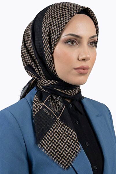 hadiora Kadın Siyah Taba Geometrik Desenli Pamuklu Flamlı Eşarp