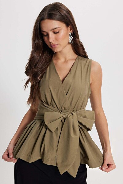 Tudors Γυναικεία μπλούζα χακί με διπλό στήθος, λεπτομέρεια με δέσιμο στο λαιμ...