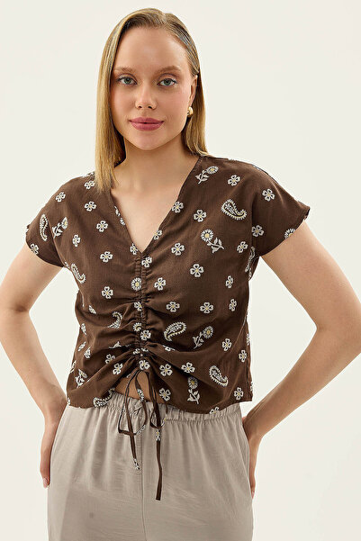 Vitrin Floral Short Sleeve Blouse with Gathered Front