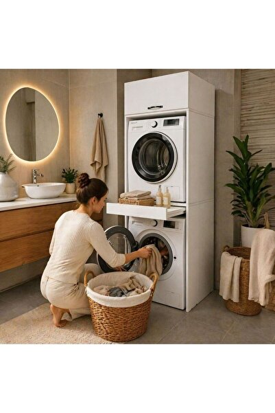 MOBİLYACIN Çamaşır Ve Kurutma Makinesi Dolabı Çekmeceli Banyo Dolabı Beyaz