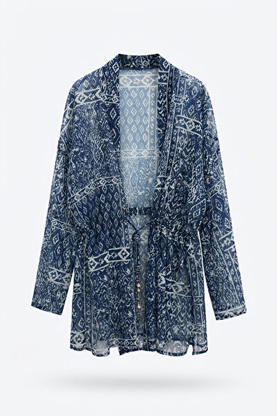 Quzu Κοντό κιμονό με έθνικ σχέδια και δέσιμο στη μέση, σε σκούρο μπλε