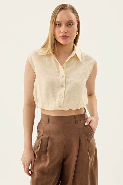 Vitrin Elastic Waist, Buttoned Front, Zero Sleeve Blouse