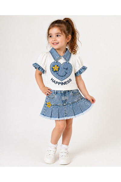 Selvira Set fustă din denim pentru fete, cu guler detașabil, mâneci cu volane...