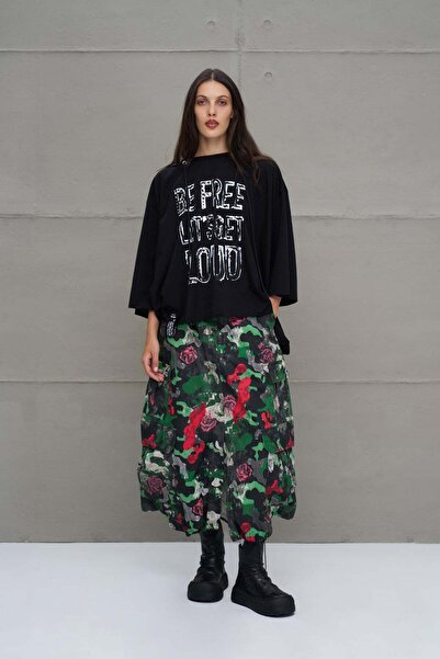 #vdr viadellerose Siyah Asimetrik Oversize Kapüsonlu T-shirt 18042
