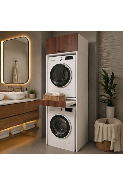 MOBİLYACIN Çamaşır Ve Kurutma Makinesi Dolabı Çekmeceli Banyo Dolabı CEVİZ
