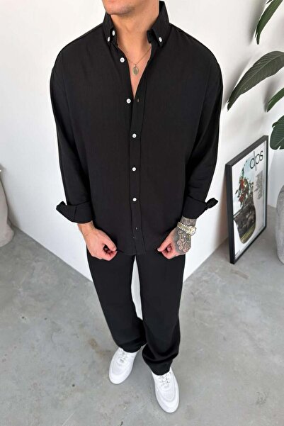 HAFKAGİYİM Black Basic Linen Relaxed Shirt