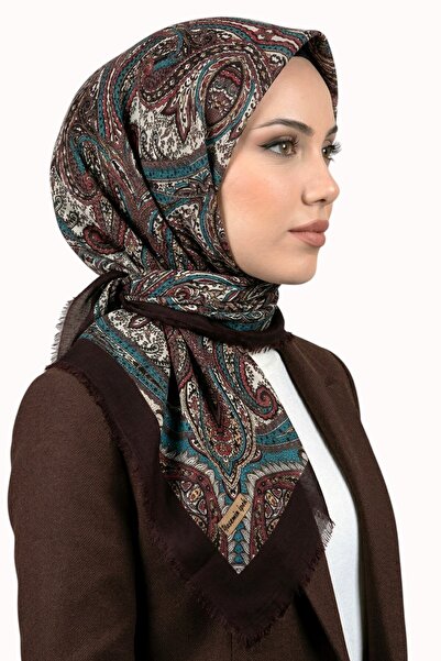 hadiora وشاح نسائي بني اللون بنمط عرقي مزخرف باللون الفيروزي