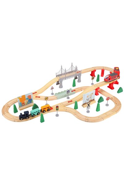 GIMASE , Set Circuit Trenulet din Lemn, Locomotiva Electrica cu Sine de Lemn,...