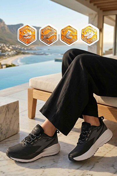 WALKWAY Μαύρο και λευκό διχτυωτό ελαφρύ, εύκαμπτο πάτο με μνήμη, αθλητικά παπ...