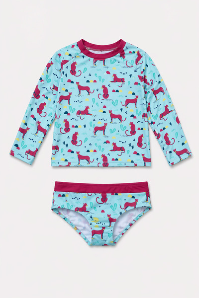 Starinci Mayo Girls' Long Sleeve Swimsuit Set with Cat Pattern
