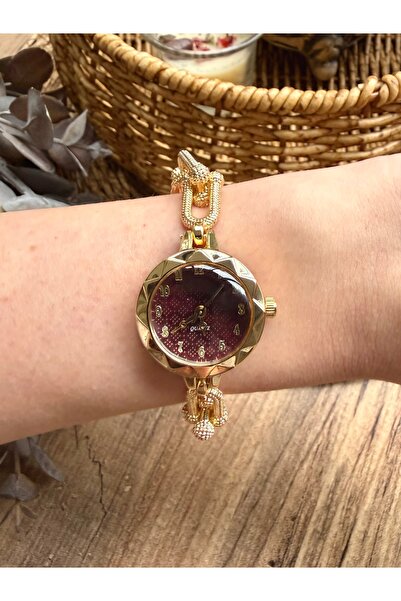 TD TRENDDURAGI Round Design Chain Model Gold Inside Burgundy Women's Wristwatch
