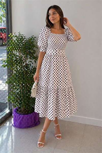 Neşeli Butik Γυναικείο λευκό φόρεμα μίντι με πουά σχέδιο και μανίκια μπαλόνι ...