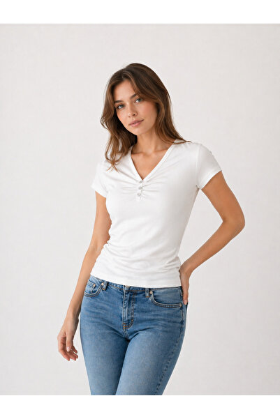 İMVAGO Βασική γυναικεία μπλούζα με λαιμόκοψη V και κουμπιά, από ελαστικό ύφασ...