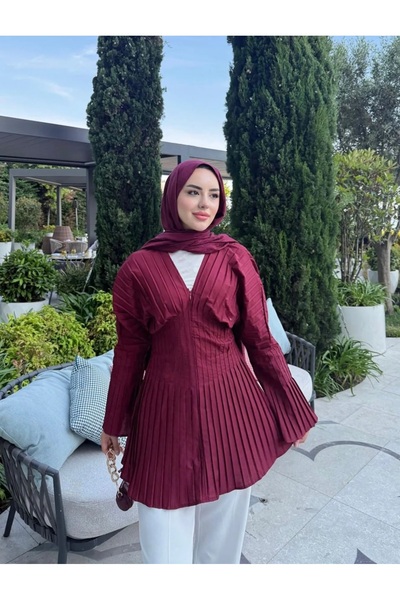 Moda Aydın Butik Kadın Pilise Detaylı Fermuarlı Bluz - Bordo