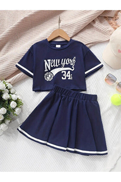 uyguntarz Navy Blue Girls' Crop T-Shirt and Skirt Set New York Printed Summer...