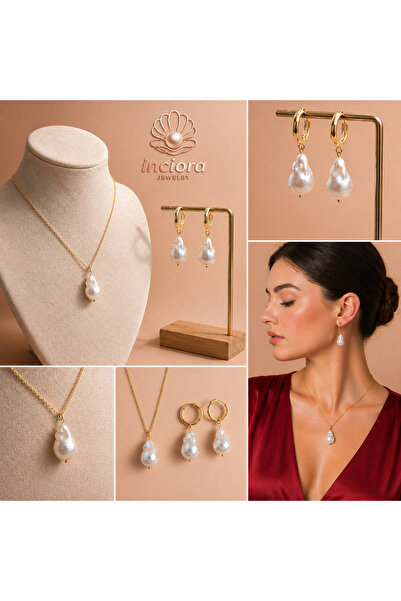 İNCİORA JEWELRY DOĞAL GERÇEK BAROK İNCİ 925 ayar GÜMÜŞ SET (Kolye ve Küpe)