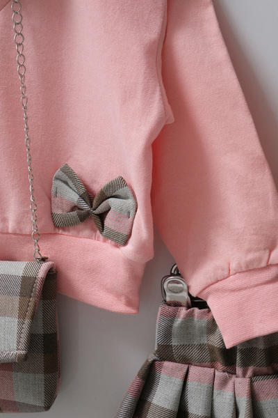 Womi Kids Bebe 2-Piece Set with Collar Detail, Bow, and Plaid Skirt