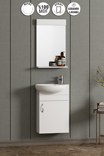 ÖZCEDEN Lale 45 cm Beyaz MDF Seramik Lavabolu Asma Banyo Dolabı Takımı