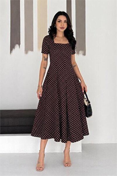 Neşeli Butik Rochie de damă maro cu buline, cu mânecă scurtă, guler pătrat, l...