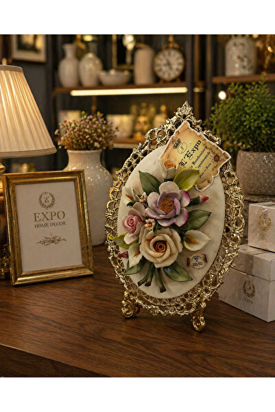 İTALYAN CAPODİMONTE ESTERHOMEDECOR Pirinç çerçeveli çiçekli Capodimonte damga...