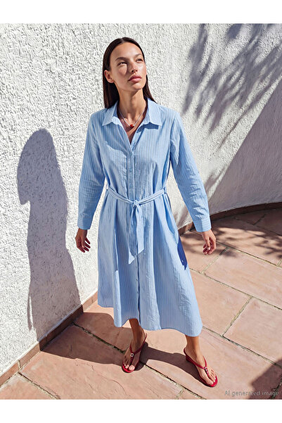 LC Waikiki Peak New Season Blue Striped Belted Poplin Shirt Dress