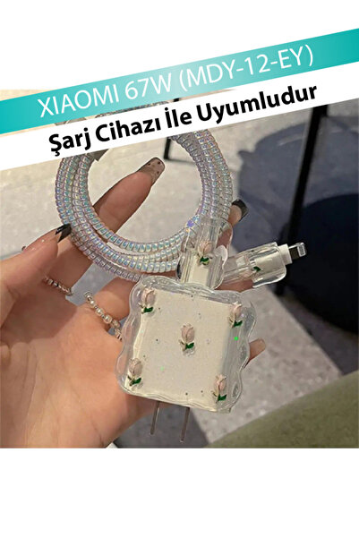 KVK PRİVACY 67W Uyumlu Simli Gül Tasarımlı Kablo ve Adaptör Koruyucu Seti MDY...