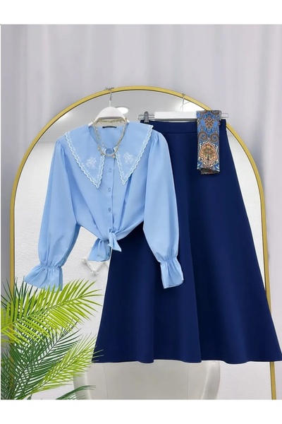 MODA VEDAT Γυναικείο πουκάμισο με κέντημα στο γιακά - Σετ με φούστα Puff Scub...