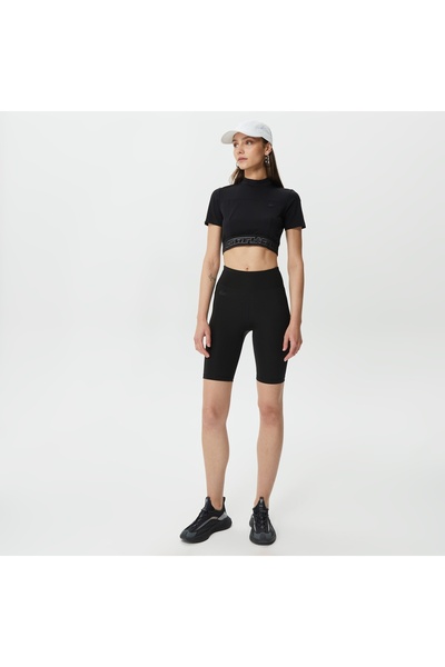 Lacoste Kadın Slim Fit Dik Yaka Baskılı Siyah T-Shirt