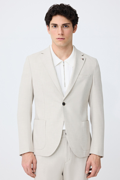 Tween Slim Fit Bej Armürlü Kumaş Ceket