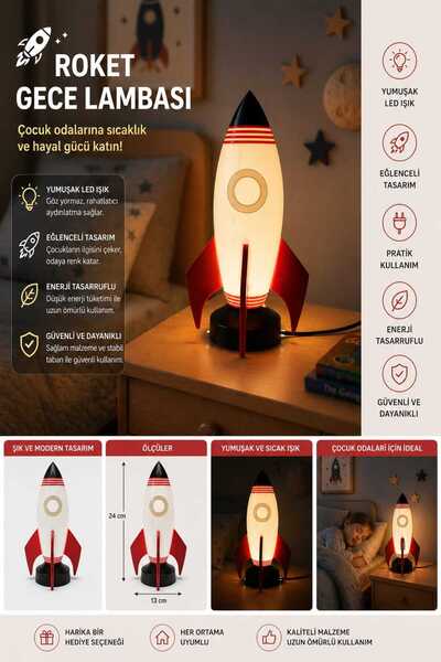 Layera Home Roket Tasarımlı LED Gece Lambası | Çocuk Odası Dekoratif Masa Lam...