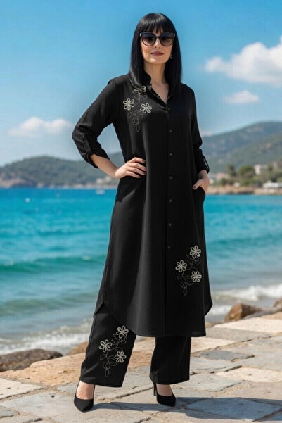 AZRA BUTİK Set brodat Papatya negru