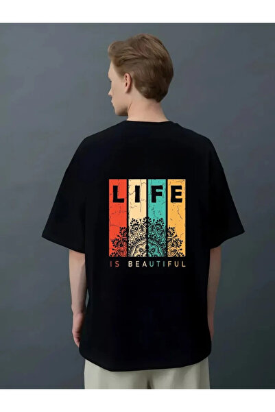 ELNOYA تي شيرت أسود كبير الحجم مطبوع عليه Life is Beautiful