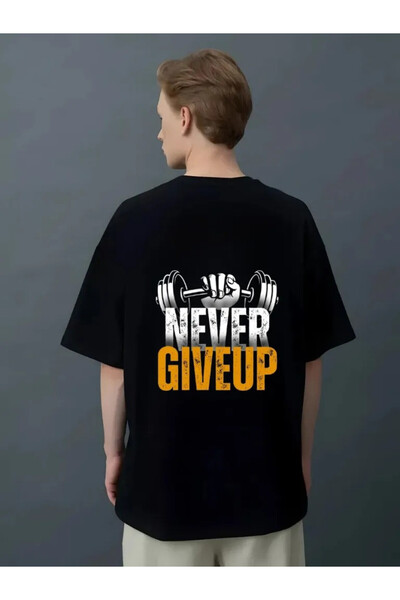 ELNOYA تي شيرت أسود مطبوع عليه Never Give Up للجنسين