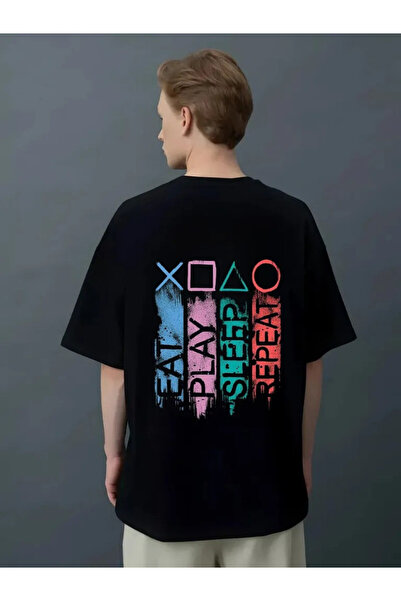 ELNOYA تي شيرت أسود كبير الحجم بتصميم لعبة Eat Play Sleep Repeat