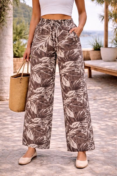 LEGS STAR Women's Brown High Waist Elastic Wide Leg Viscose Leaf Patterned Pocketed Trousers