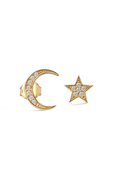 jelux silver Gümüş 925 Ayar Ay Yıldız Zirkon Taşlı Çivili Küpe