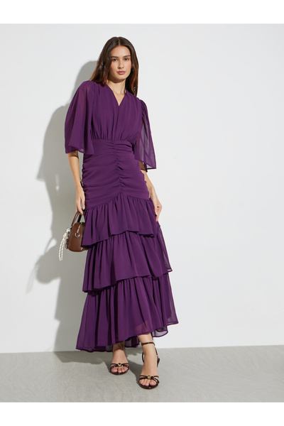 Styli Purple Ruched Waist Tiered Maxi Dress
