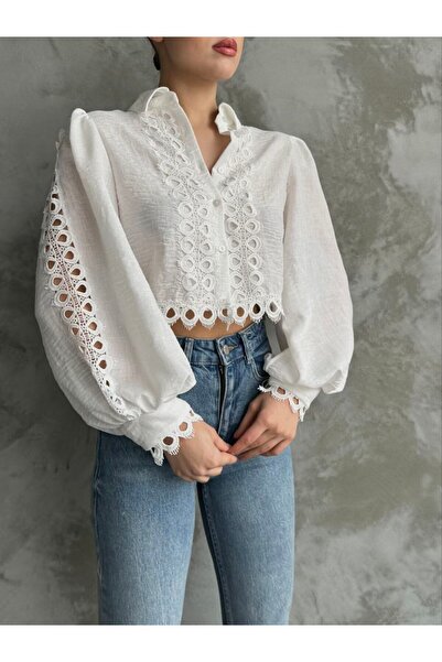 franky B Γυναικείο λινό πουκάμισο με δαντέλα και κέντημα